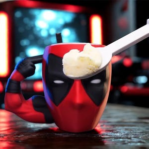 May include: A red and black ceramic mug shaped like the head of the character Deadpool, featuring a sculpted arm handle pointing to the temple. A white plastic spoon rests on the rim of the mug, holding a scoop of creamy white ice cream.