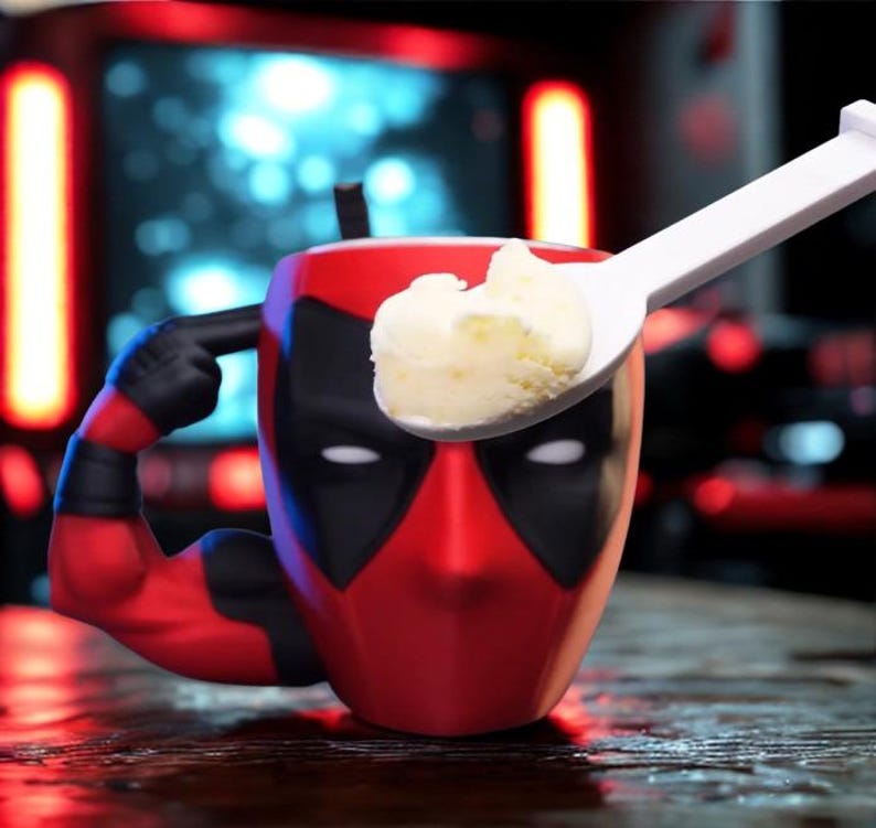 May include: A red and black ceramic mug shaped like the head of the character Deadpool, featuring a sculpted arm handle pointing to the temple. A white plastic spoon rests on the rim of the mug, holding a scoop of creamy white ice cream.