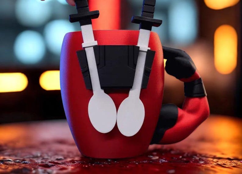 May include: A red ceramic mug featuring a black harness on the front holding two white spoon-shaped utensils with black handles. The mug handle is shaped like a muscular red arm with a black glove, mimicking a character design with a red and black theme.