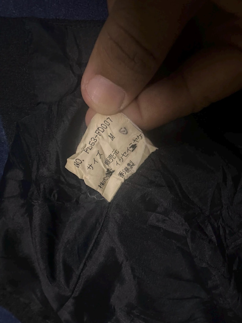 May include: A cream-colored garment care label sewn into a black fabric lining. The label features the text NO. PL53-FD007, size M, and Japanese characters including the brand name Issey Miyake and the manufacturing origin of Hong Kong.