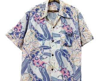 Camisa de rayón estilo hawaiano con cuello tipo campamento y diseño tradicional japonés Sunsurf, fabricada en Japón, talla L.