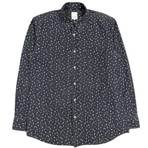 May include: A long-sleeve button-down shirt in dark charcoal gray featuring a repeating white pattern of small bird silhouettes and thin vertical pinstripes. The shirt has a standard collar, a front button placket, and a label reading AAR.