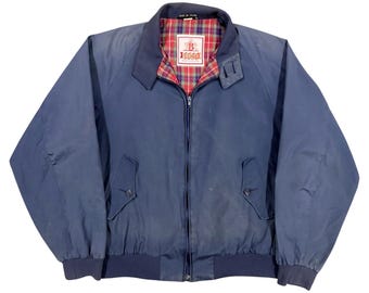 Chaqueta vintage Baracuta G9 Harrington azul marino de algodón con forro de tartán en capas, fabricada en Inglaterra.