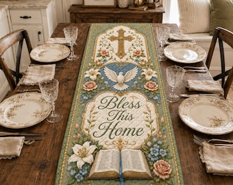 Runner da tavola trapuntato vintage, con motivo floreale, croce, colomba e Bibbia, decorazione per la sala da pranzo "Bless This Home".