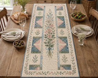 Camino de mesa acolchado botánico, ramo de flores, regalo para la cocina, decoración vintage de comedor estilo granja con flores