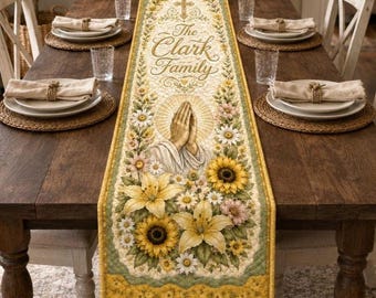 Personalized Floral Praying Hands Quilted Table Runner, Christian Family Faith Decor Gift