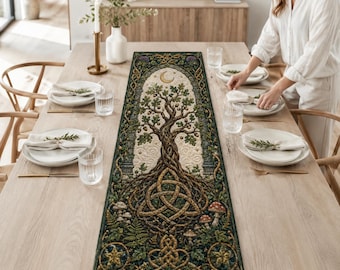 Keltische levensboom gewatteerde tafelloper, decor Pagan Forest eiken, rustieke cottage-keuken