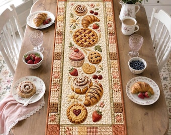 Quilted Bakery Pastry Table Runner, Dessert Print Gift For Bakers, Cozy Farmhouse Kitchen Decor