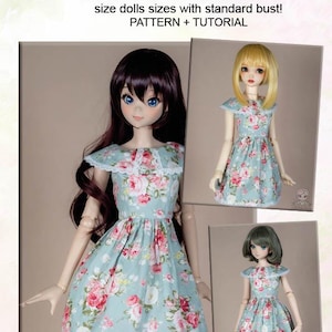 May include: A cotton tea party dress for smart doll, dollfie dream and similar size dolls with standard bust. The dress is light blue with a pink and white floral pattern, featuring a ruffled collar with white lace trim and a matching lace hem.