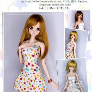 May include: A doll wearing a white cotton fitted dress with a colorful star pattern. The image includes additional dolls in similar dresses and text that reads "COTTON FITTED DRESS" and "PATTERN+TUTORIAL".
