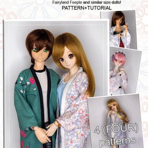 May include: Image of a pattern and tutorial for cotton Haori for smart dolls. The image features two dolls wearing Haori, one green and one floral. The text reads "4 (FOUR) patterns".