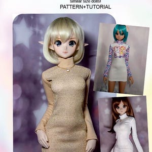 May include: A jersey long sleeve dress pattern and tutorial for smart dolls. The image displays three dolls wearing different versions of the dress: one in gold, one with a floral and character print, and one in white ribbed fabric with a high neck.