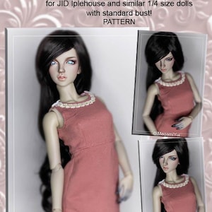 May include: A cotton long classical dress pattern for JID Iplehouse and similar 1/4 size dolls with standard bust. The image shows a doll wearing a dusty rose dress with white lace trim. The image also includes the text "COTTON LONG CLASSICAL DRESS".