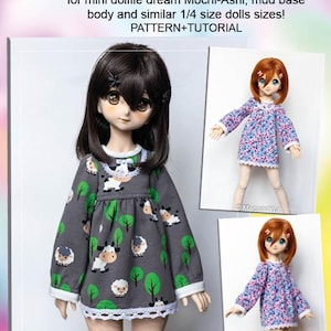 May include: A gray long-sleeve dress for mini dollfie dolls, featuring a pattern of cows, sheep, and trees. The dress has white lace trim and is shown on a doll. The image also includes two other doll dresses with floral patterns.