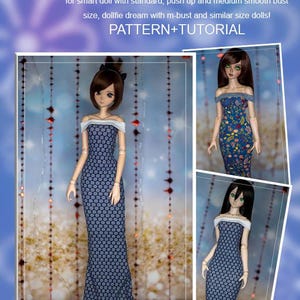 May include: Image of a jersey long dress pattern and tutorial for smart dolls. The main image shows a doll wearing a navy blue dress with a white off-the-shoulder neckline and a floral pattern. Additional images show the dress in different colors and styles.