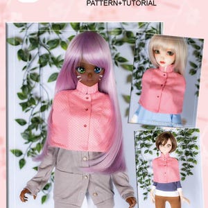 May include: A promotional image for a cotton cape pattern and tutorial for smart dolls, Dollfie Dream, and similar-sized dolls. The image features a doll wearing a pink cape and a gray outfit. Additional dolls are shown wearing the cape in different colors.