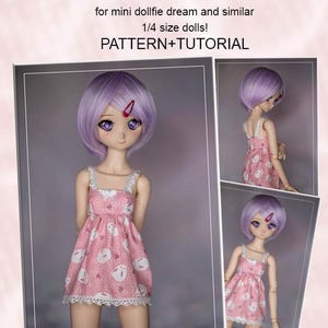 May include: A cotton dress pattern and tutorial for 1/4 size dolls. The doll features short lavender hair, purple eyes, and a pink hair clip. The dress is pink with a white rabbit pattern, white lace trim, and thin white straps.