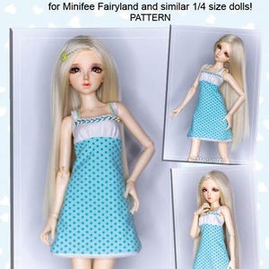 May include: Jersey summer dress pattern for Minifee Fairyland and similar 1/4 size dolls. The dress is light blue with white polka dots and white trim. The image shows the dress on a doll in three different poses. The text on the image says "Jersey Summer Dress".
