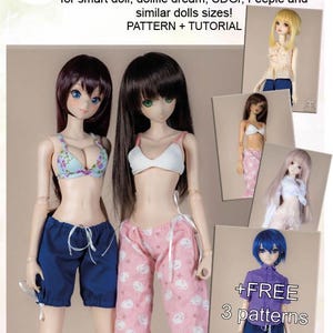 May include: A digital sewing pattern and tutorial for cotton universal trousers for smart dolls, Dollfie Dream, SDGr, and Feeple dolls. The image displays dolls wearing various trousers and tops, including blue shorts and pink patterned lounge trousers.