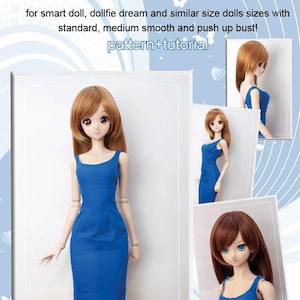 Op de afbeelding: Een blauwe mouwloze katoenen jurk voor poppen, met een ronde halslijn en een aansluitend silhouet. De afbeelding bevat de tekst: CLASSIC COTTON DRESS for smart doll, dollfie dream and similar size dolls sizes with standard, medium smooth and push up bust! pattern+tutorial.