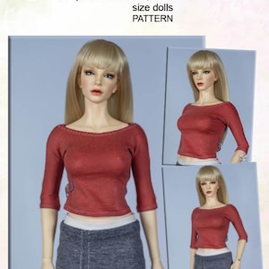 May include: A red jersey blouse pattern for 1/4 size dolls, including Iplehouse FID W and JID W models. The blouse features a wide neckline and three-quarter length sleeves. The text reads: JERSEY BLOUSE for Iplehouse FID W, JID W and similar 1/4 size dolls PATTERN.
