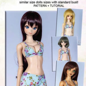 May include: A cotton bikini set for dolls featuring a light blue fabric with a small floral pattern in pink, purple, and green. The set includes a triangle top and matching bottoms. The text reads COTTON BIKINI for smart doll, dollfie dream, SDGr, Feeple and similar size dolls sizes with standard bust! PATTERN + TUTORIAL.