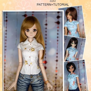 May include: A white cotton shirt with gold accents and a button-down design is modeled on a doll. The image includes the text "COTTON SHIRT" and "PATTERN+TUTORIAL". Additional dolls are shown wearing blue shirts.