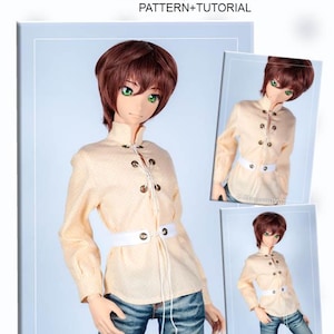 May include: A doll wearing a light beige cotton shirt with a white belt and jeans. The shirt has a lace-up closure and is part of a pattern and tutorial for smart doll boys. The image includes the text "COTTON SHIRT WITH BELT".