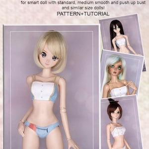 May include: Cotton lingerie set for smart dolls. The image shows a doll wearing a blue and white lingerie set. Additional images show other dolls in similar lingerie. The text on the image reads "Cotton Lingerie Set" and "Pattern + Tutorial".