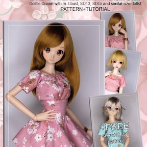 May include: A pink cotton dress with white floral patterns is displayed on a doll. The dress features puff sleeves and a cropped neck. The image includes text that reads "PATTERN+TUTORIAL" and "+FREE second top pattern".