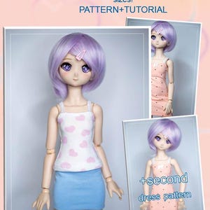 May include: Image features a doll wearing a white top with pink heart patterns and a blue skirt. The image includes text that says "JERSEY TOP & SKIRT" and "PATTERN+TUTORIAL" for mini dollfie dream dolls. Additional images show the doll in a pink dress.