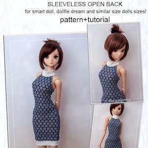 May include: A sleeveless halter dress for dolls featuring a dark blue fabric with a repeating white floral pattern, a white high collar, and a white hem. The text reads COLLAR HALTER DRESS SLEEVELESS OPEN BACK for smart doll, dollfie dream and similar size dolls sizes! pattern+tutorial.