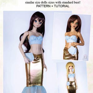 May include: A sewing pattern and tutorial set titled FULLSET: TOP SKIRT BAG GOLDFISH for smart doll, dollfie dream, SDGr, and Feeple dolls. The set includes a light blue strapless crop top, a metallic gold skirt, and a matching light blue shoulder bag.