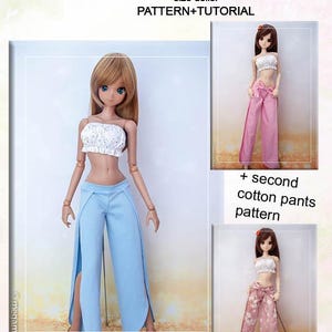 May include: Image of a doll wearing light blue summer pants with side slits, paired with a white crop top. The image also shows two other dolls wearing pink and floral pants. Text on the image reads "SUMMER PANTS" and "PATTERN+TUTORIAL".