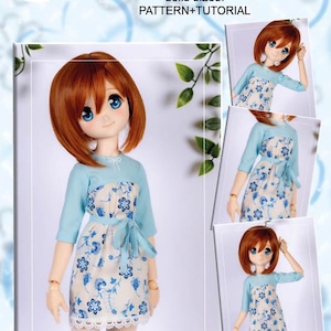 Peut inclure: Une poupée porte une robe en coton bleu clair et à imprimé floral avec un empiècement. La robe est conçue pour les mini dollfie dream et les poupées de taille 1/4 similaires. Le texte "COTTON DRESS with YOKE" et "PATTERN+TUTORIAL" est inclus.