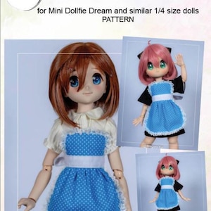 May include: A blue and white polka dot cotton apron for Mini Dollfie Dream and similar 1/4 size dolls. The apron has a white trim and is displayed on a doll. The image also includes the text "COTTON APRON".