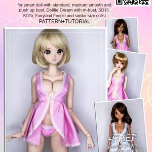 May include: A pink cotton negligee and pants set for smart dolls, with a pattern and tutorial. The image features a doll wearing the lingerie, with additional images showcasing the design. Includes a free second pattern.