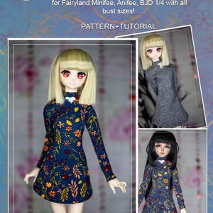 May include: Image of a doll in a navy blue jersey dress with a floral pattern. The dress has long sleeves and a mandarin collar. The image also includes text that says "JERSEY SIMPLE DRESS" and "PATTERN+TUTORIAL".