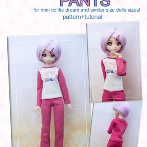 May include: A doll wearing a white long-sleeve t-shirt with a graphic print and pink pants. The text reads T-SHIRT and PANTS for mini dollfie dream and similar size dolls sizes! pattern+tutorial. The doll has short light purple hair and purple eyes.