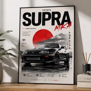 Puede incluir: Un póster vertical que muestra un coche Toyota Supra MK4 negro centrado bajo un gran círculo rojo y una ilustración de una montaña. El texto dice TOYOTA SUPRA MK4, LEGENDS NEVER DIE, e incluye especificaciones técnicas y caracteres japoneses.
