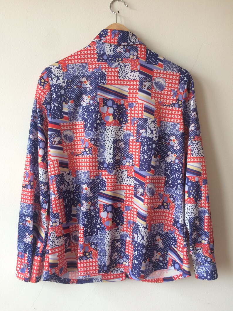 Medium 70s Red and Blue Patchwork Pattern Blouse Western Style Women/'s Small