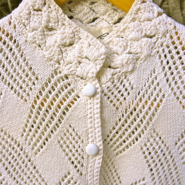 SALE 70s Cream Knit Short Sleeve Cardigan - Lillie Rubin - Womens Small XS