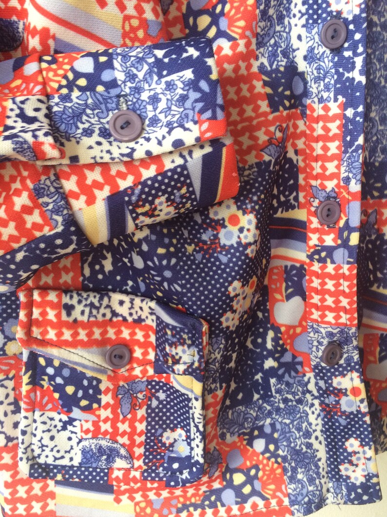 Medium 70s Red and Blue Patchwork Pattern Blouse Western Style Women/'s Small