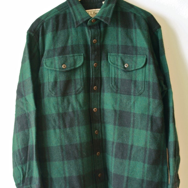 LL Bean Wool Buffalo Plaid Shirt Green and Black Mens Large gift for him