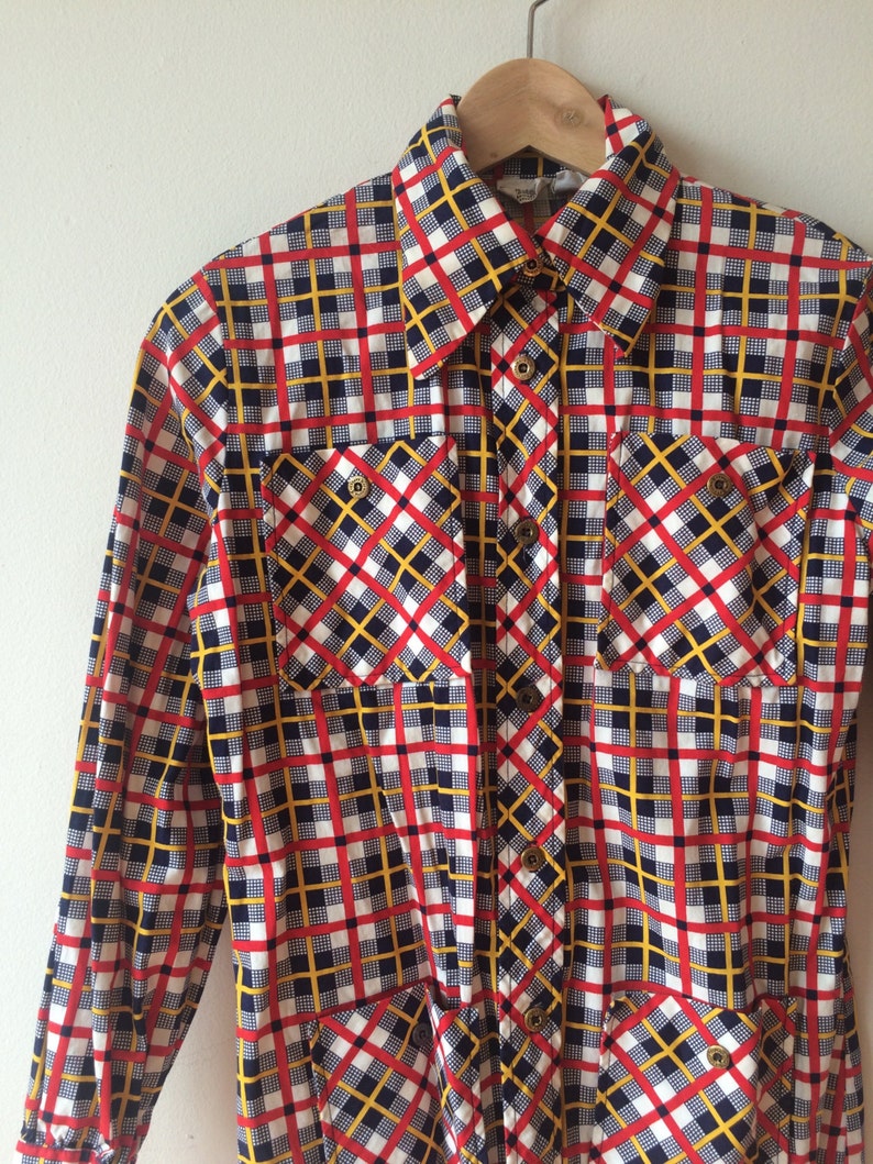 70s checked shirt gold buttons red yellow white Division II | Etsy