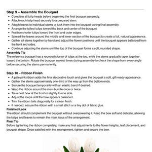 Puede incluir: Un documento impreso con el t&iacute;tulo Step 9 - Assemble the Bouquet y Step 10 - Ribbon Finish, que contiene pautas en vi&ntilde;etas para organizar flores de tulip&aacute;n, asegurar los tallos y atar un lazo de cinta rosa p&aacute;lido para un acabado final.