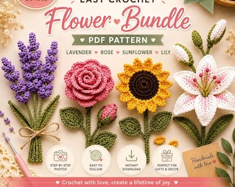 Crochet Flower Bundle Pattern PDF | Rose Sunflower Lily Lavender PDF | Beginner Friendly    Instant Download