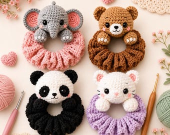 Crochet Scrunchie Hair Tie Bundle | Bear, Panda, Kitten, Elephant Amigurumi | PDF Pattern