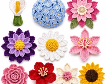 Paquete de patrones de flores a crochet en PDF / 10 tutoriales florales / Apto para principiantes (Descarga digital)
