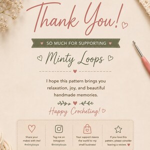 Puede incluir: Una tarjeta de agradecimiento beige con el texto Thank You! SO MUCH FOR SUPPORTING Minty Loops. Incluye instrucciones para compartir creaciones en Instagram, apoyar al peque&ntilde;o negocio y dejar una rese&ntilde;a, con un ganchillo y lana visibles.